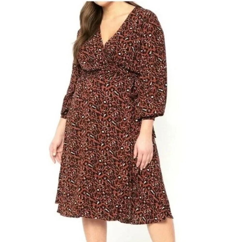 Eloquii animal print Brown Cream Wrap Dress with Bishop Sleeves